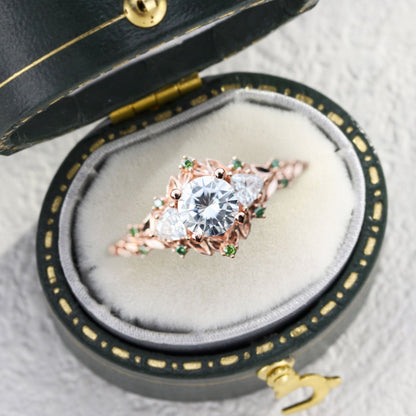 Unique Briar Rose Three Stone Round Moissanite and Green Moissanite accents Ring