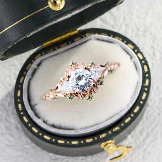 Unique Briar Rose Three Stone Round Moissanite and Green Moissanite accents Ring