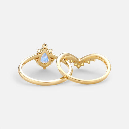 Vintage Pear Moonstone and Moissanite Chevron Ring Set Bridal Set