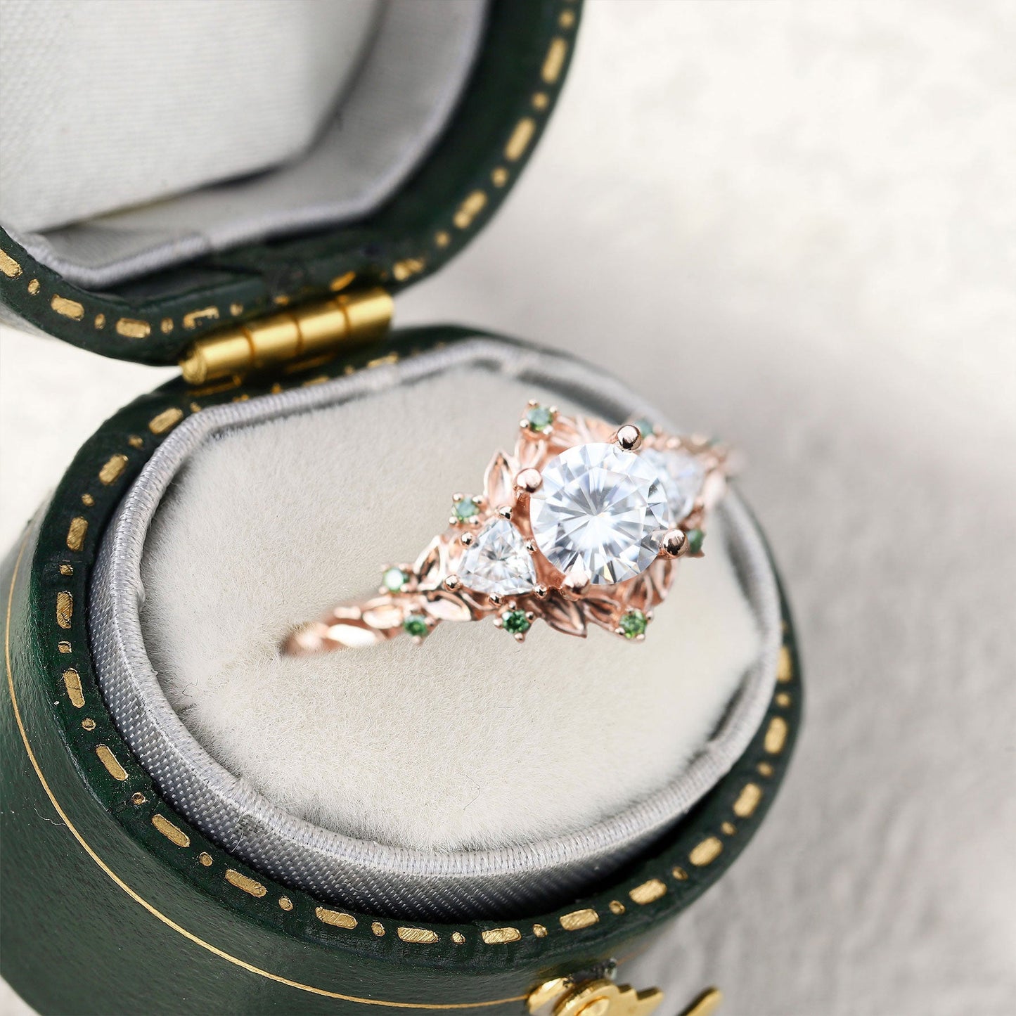 Unique Briar Rose Three Stone Round Moissanite and Green Moissanite accents Ring