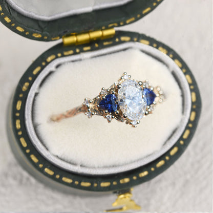 Unique Briar Rose Oval Moissanite and Lab Sapphire Ring