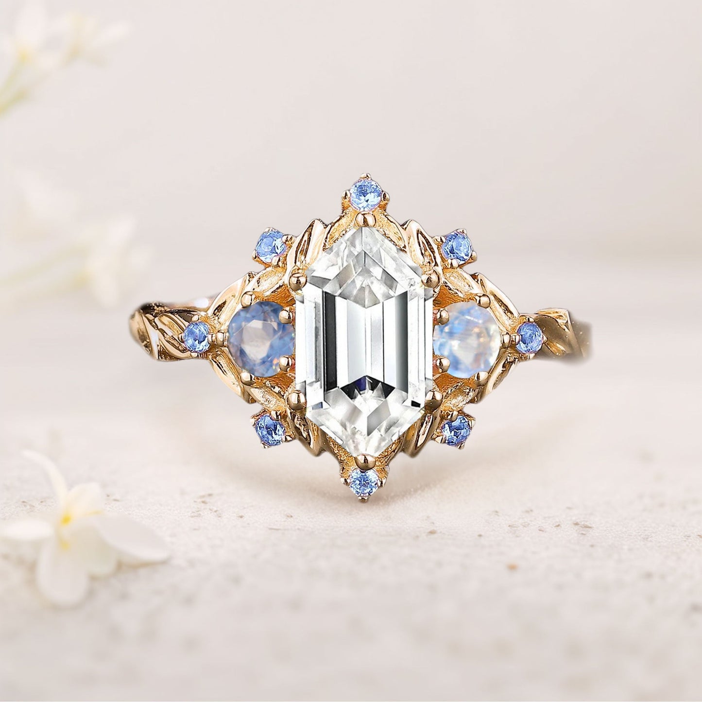 Unique floral engagement rings Three Stone Long Hexagon Moissanite Engagement Ring