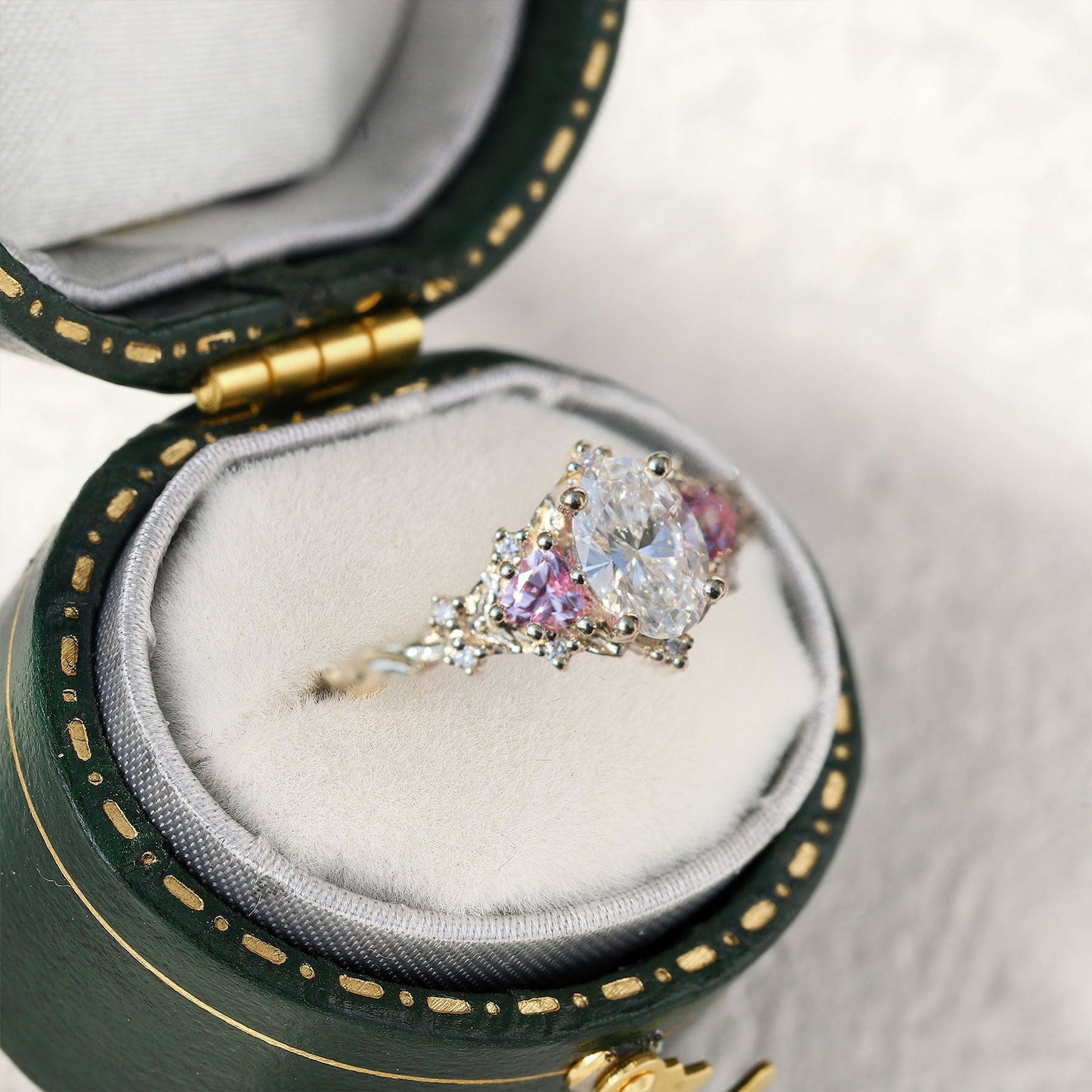 Unique Briar Rose Three Stone Oval Moissanite and Lab Pink Sapphire Ring