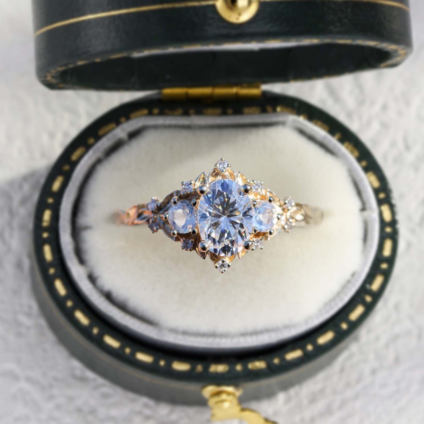 Unique Briar Rose Three Stone Oval Moissanite and Lab Moonstone Ring
