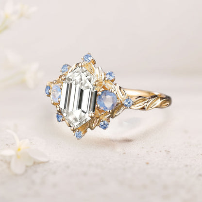 Unique floral engagement rings Three Stone Long Hexagon Moissanite Engagement Ring