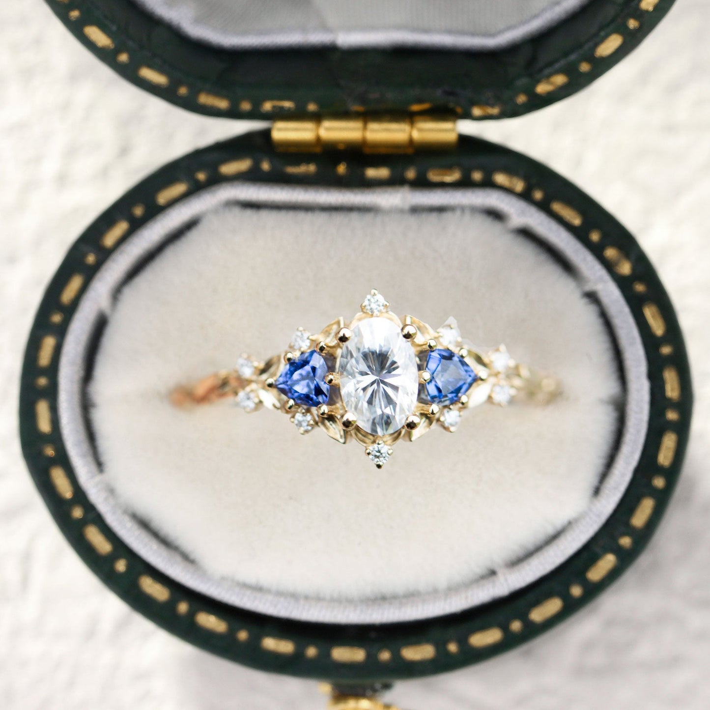 Unique Briar Rose Three Stone Oval Moissanite and Lab Sapphire Wedding Ring