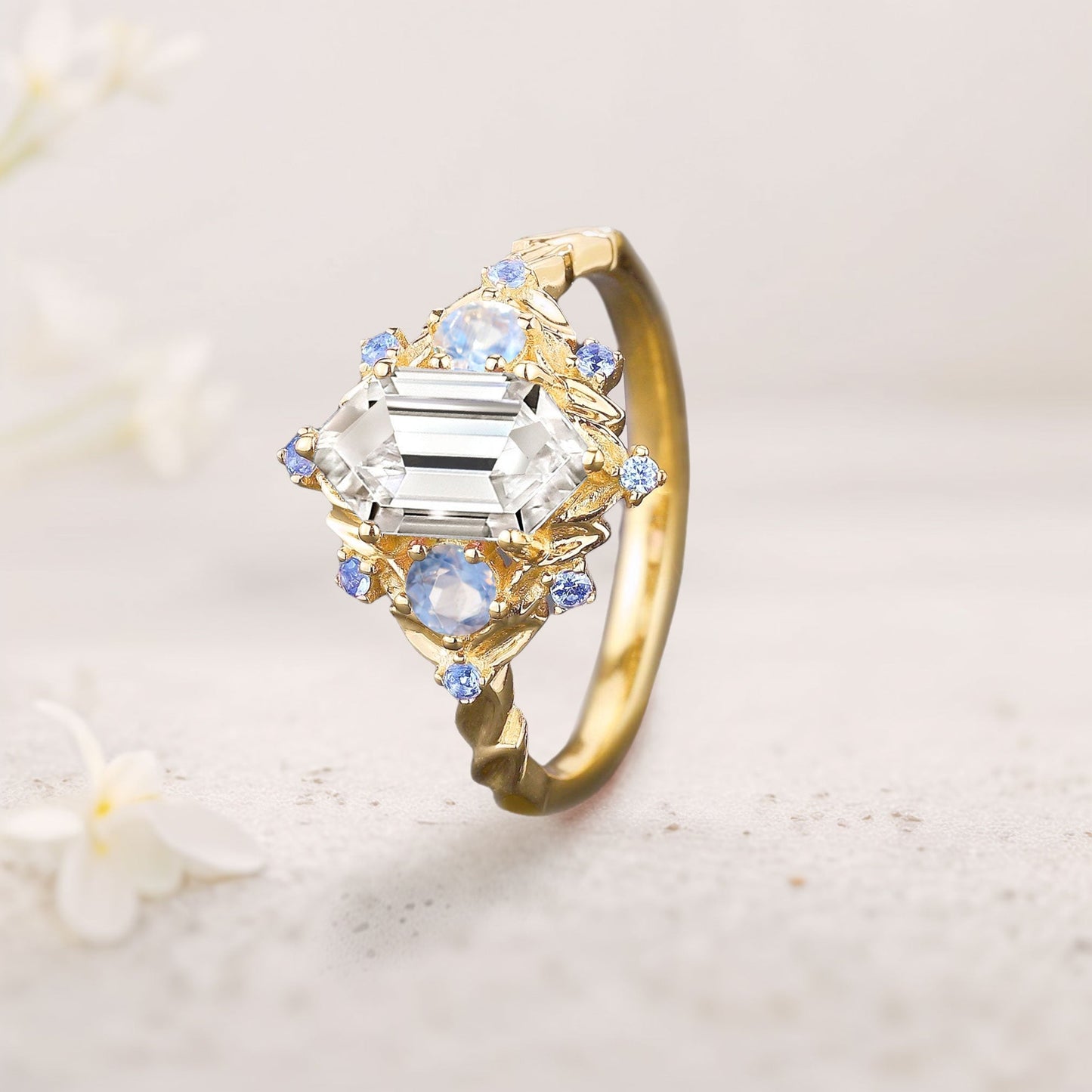 Unique floral engagement rings Three Stone Long Hexagon Moissanite Engagement Ring