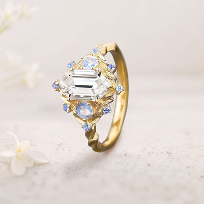 Unique floral engagement rings Three Stone Long Hexagon Moissanite Engagement Ring