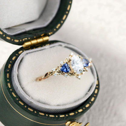 Unique Briar Rose Three Stone Oval Moissanite and Lab Sapphire Wedding Ring