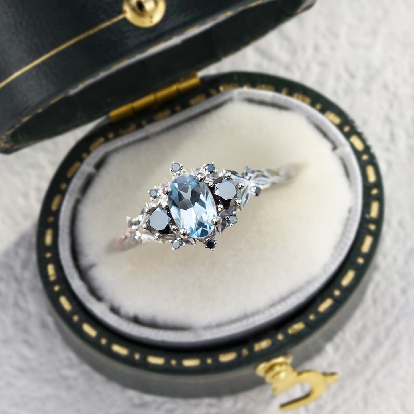 Unique Briar Rose Three Stone Oval Lab Aquamarine and Black Moissanite Ring
