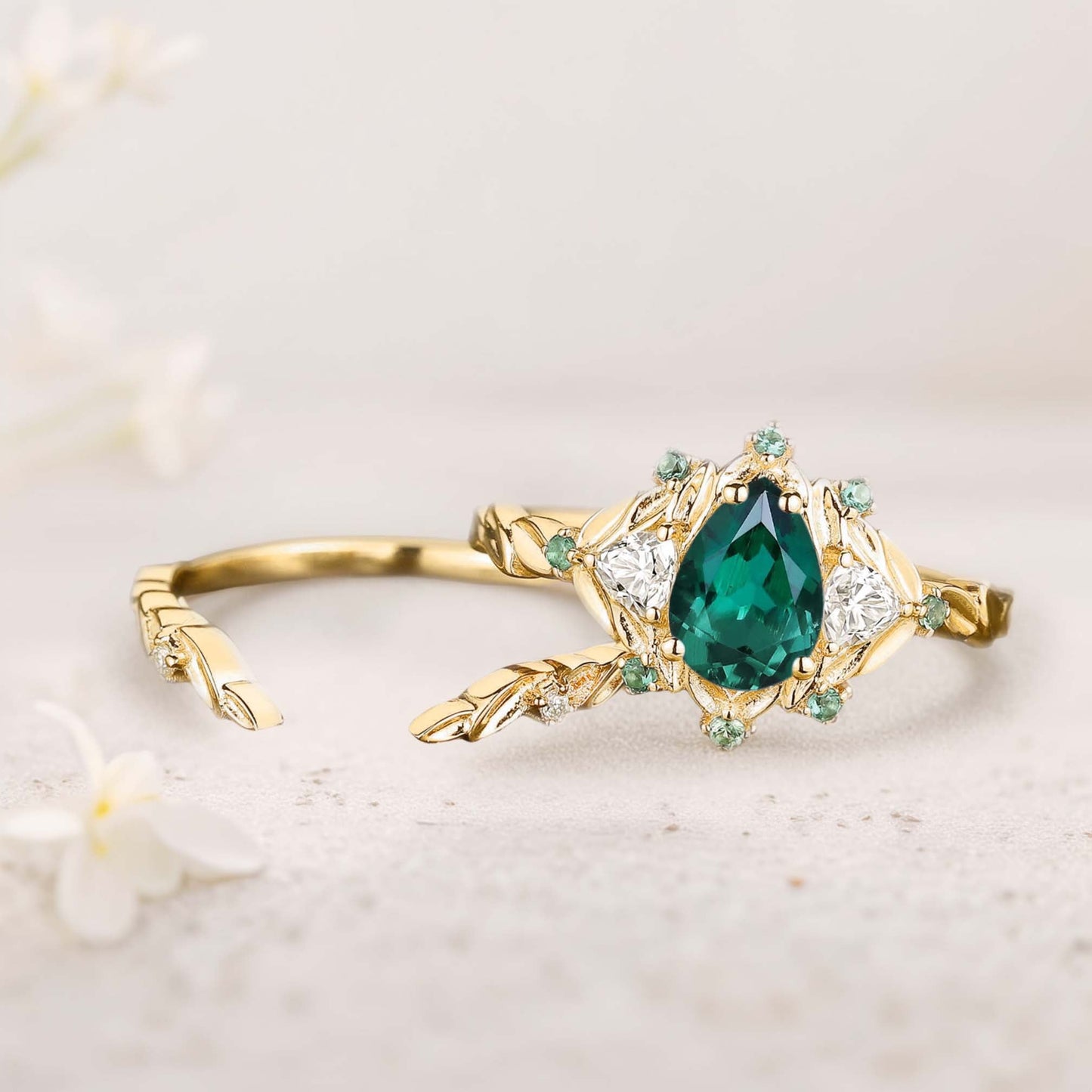Unique Pear Lab Emerald Engagement Ring Set Leaf Wedding Ring Set