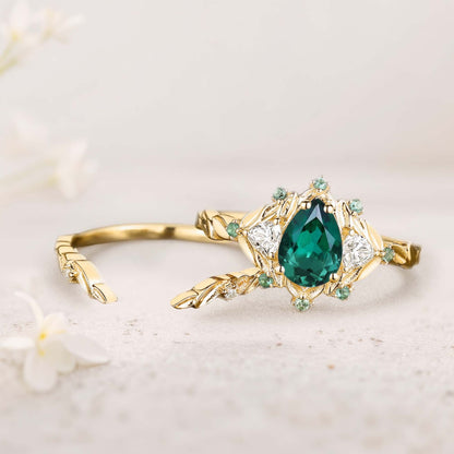 Unique Pear Lab Emerald Engagement Ring Set Leaf Wedding Ring Set
