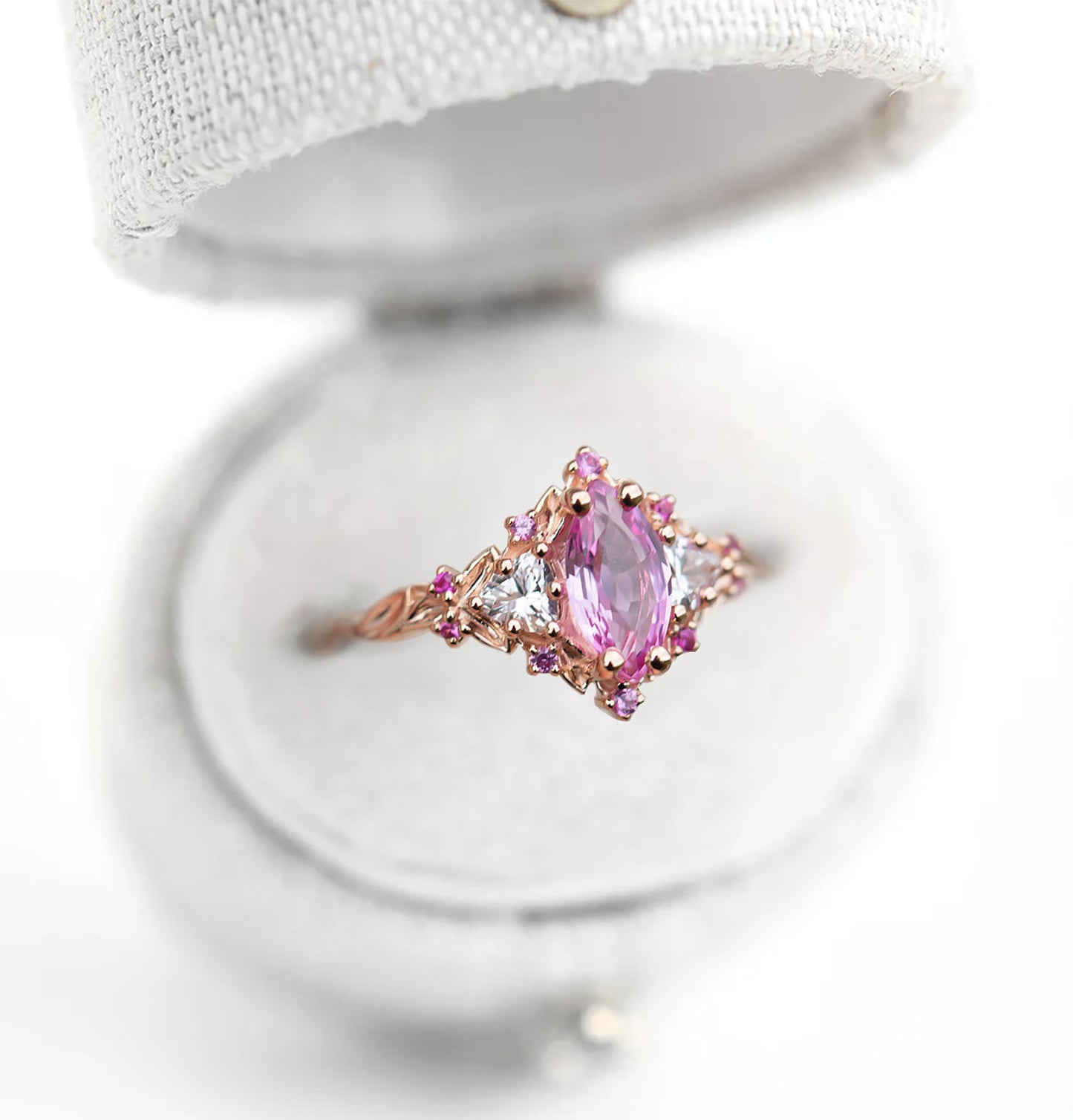 Unique Floral Rose Three Stone Marquise Pink Padparadscha and Moissanite Ring