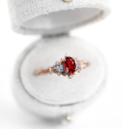 Unique Briar Rose Oval Garnet and Moissanite Ring