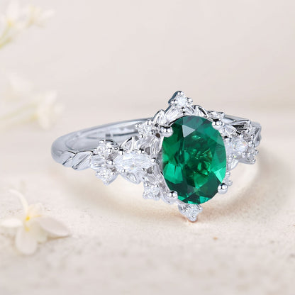 Vintage Briar Rose Oval Lab Emerald Engagement Ring  Vine Ring