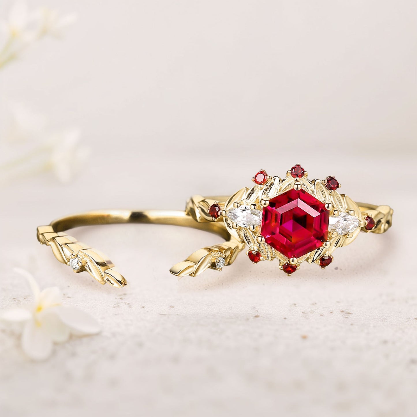 Unique floral engagement rings Hexagon Ruby Engagement Ring set Promise Proposal Ring set