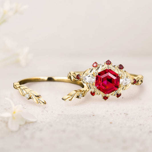 Unique floral engagement rings Hexagon Ruby Engagement Ring set Promise Proposal Ring set