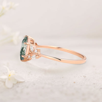 Unique floral engagement rings Hexagon Moss Agate Leafy Moissanite Vintage Engagement Ring