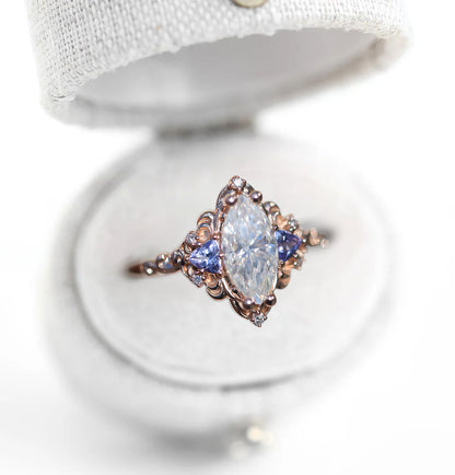 Unique Aurora Three Stone Marquise Moissanite and Color Moissanite Ring