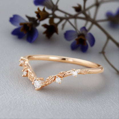 Unique Round Moissanite Wedding Band Art-deco Leaf Moissanite Engagement Ring