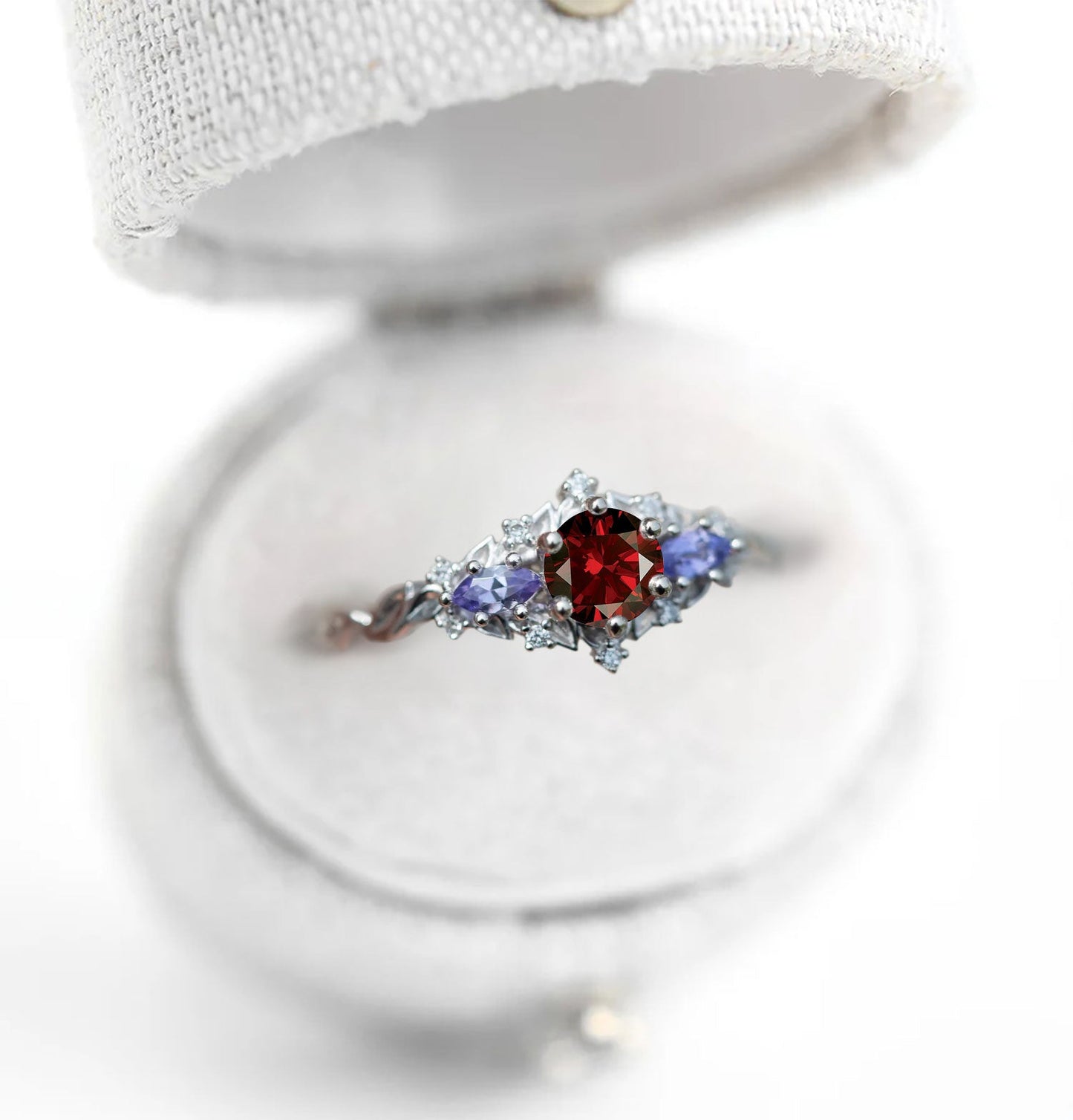 Unique Briar Rose Three-Stone Round Garnet Anniversary Ring