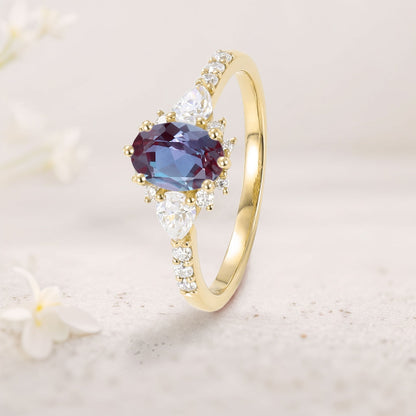 Unique Halo Oval Lab Alexandrite Engagement Ring Bridal Ring