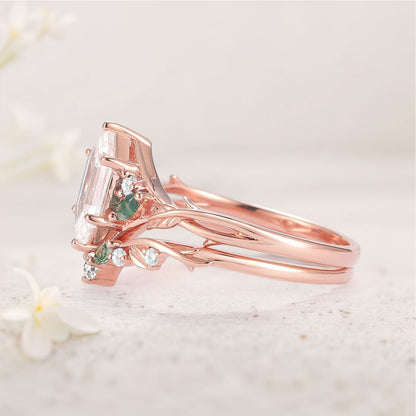 Unique floral engagement rings Hexagon Cut Moissanite Vine Gemstone Ring Set