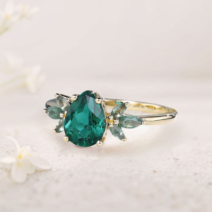 Unique Pear Lab Emerald Ring Petal Moss Agate Side Stones Engagement Ring