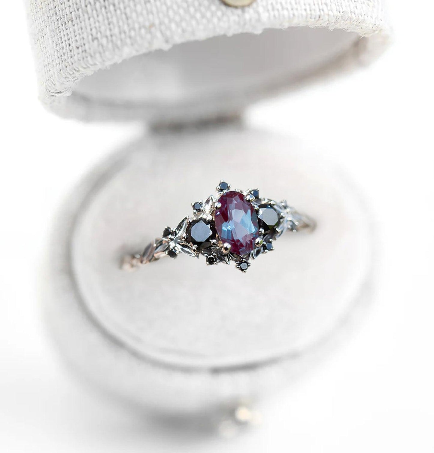 Unique Briar Rose Three Stone Oval Lab Alexandrite and Black Moissanite Ring