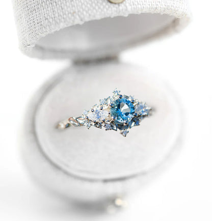 Unique Celeste Rose Round Lab Aquamarine and Moissanite Ring