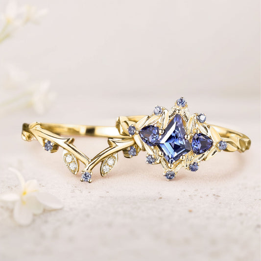 Unique floral engagement rings Kite Lab Sapphire Engagement Ring Set Sapphire Cluster Ring Leaf Floral Wedding Ring Set