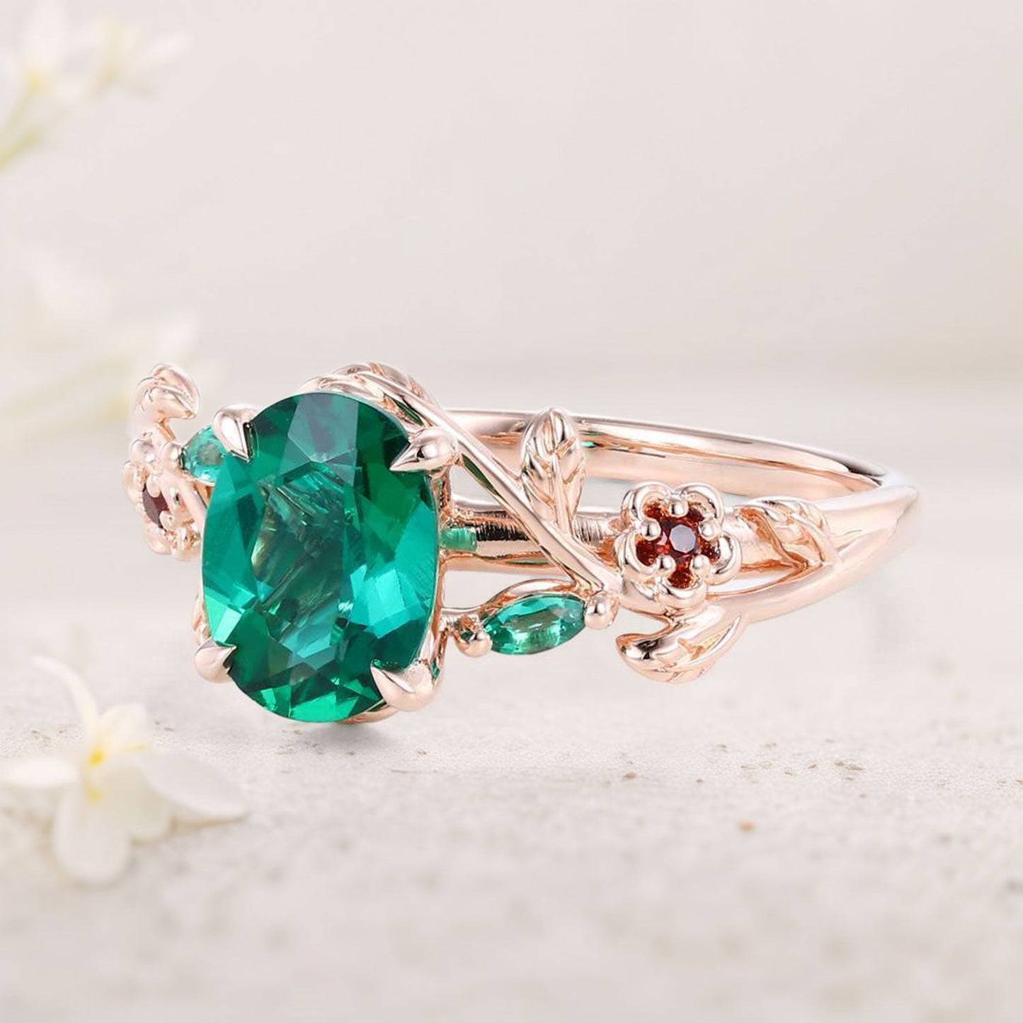 Unique Oval Lab Emerald Engagement Ring with Lab Ruby Accents
