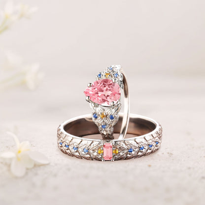 Unique Pear Lab Padparadscha His and Hers Matching Wedding Ring Set