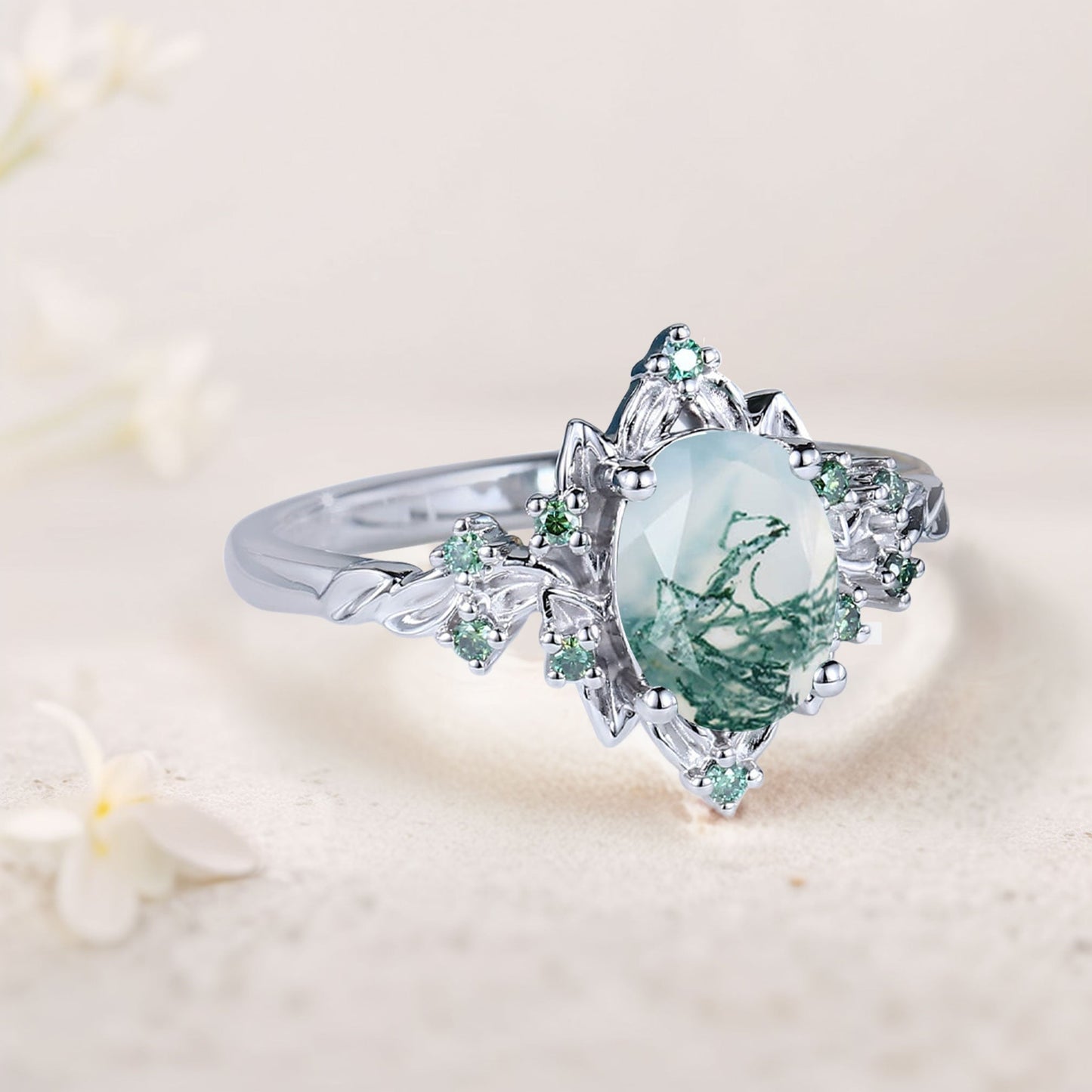 Vintage Briar Rose Oval Moss Agate Engagement Ring Olive Leaves Ring