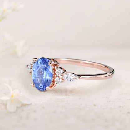 Vintage Oval Lab Sapphire Cluster Engagement Ring