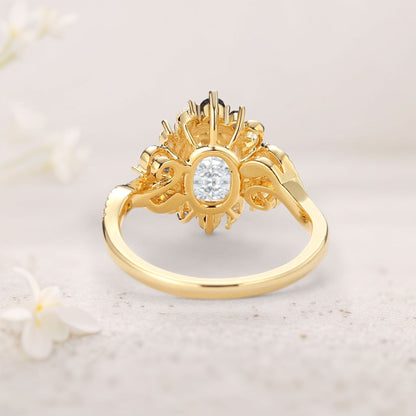 Unique floral engagement rings Halo Oval Moissanite and Lab Sapphire Twist Ring