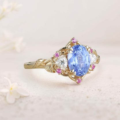 Unique Three Stone Oval Lab Sapphire Engagement Ring