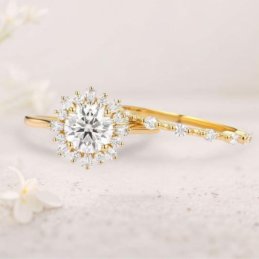 Unique floral engagement rings Round Moissanite Halo Floral Ring Set