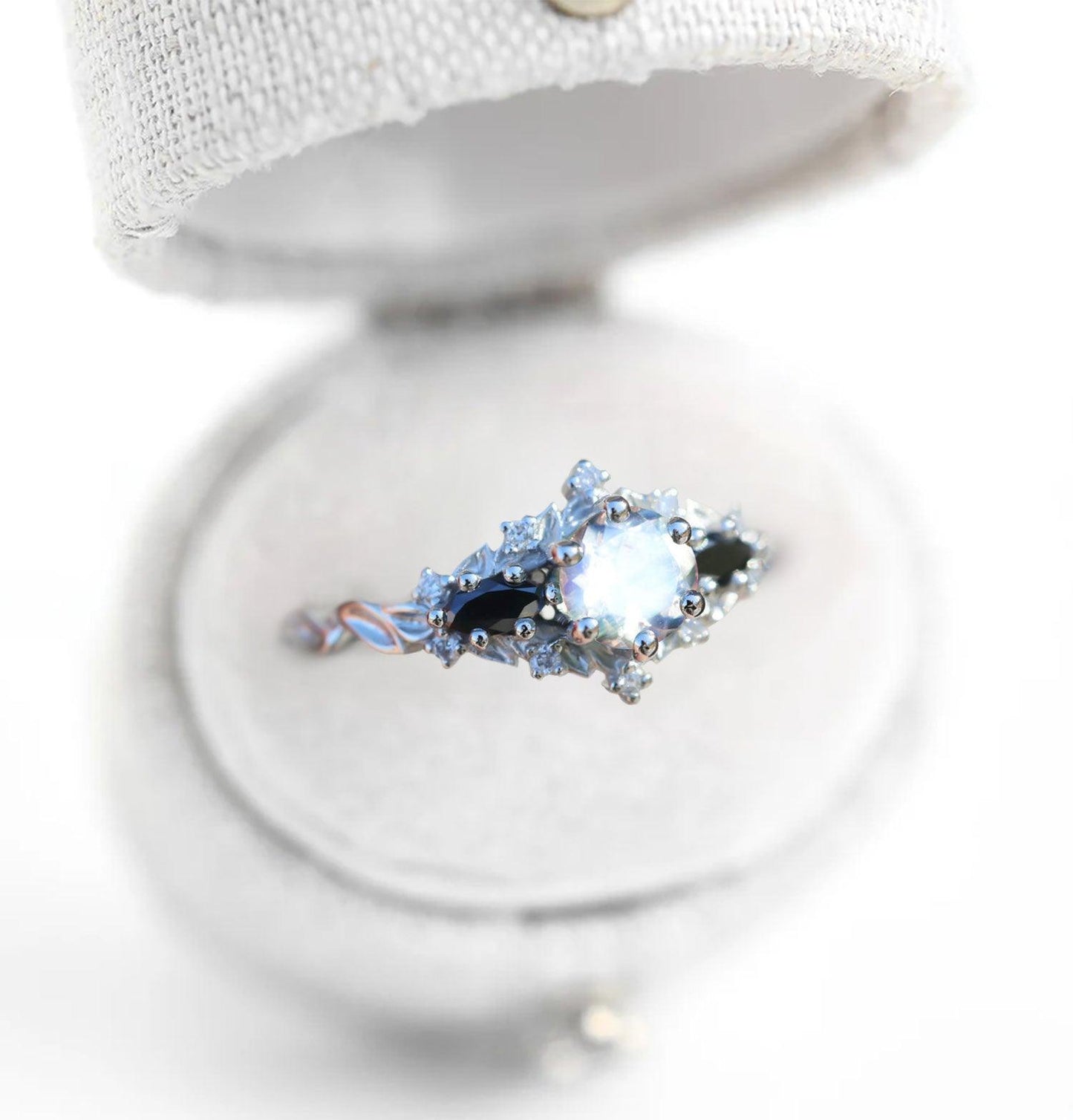 Unique Briar Rose Round Lab Moonstone and Black Moissanite Ring