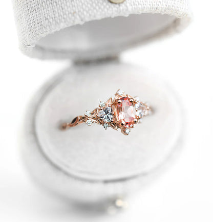 Unique Floral Rose Three Stone Oval Pink Padparadscha Ring