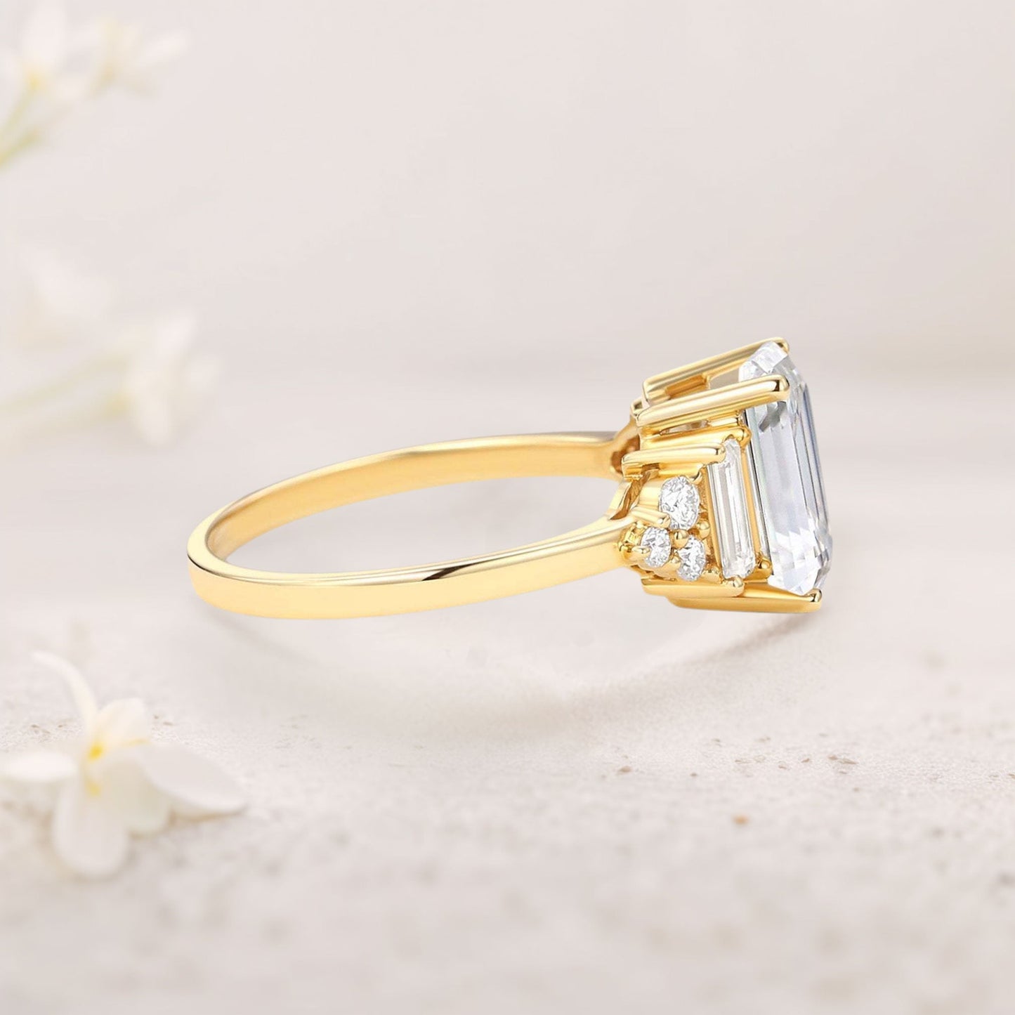 Unique Floral Three stone Emerald Cut Moissanite Engagement Ring