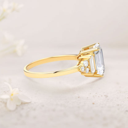 Unique Floral Three stone Emerald Cut Moissanite Engagement Ring