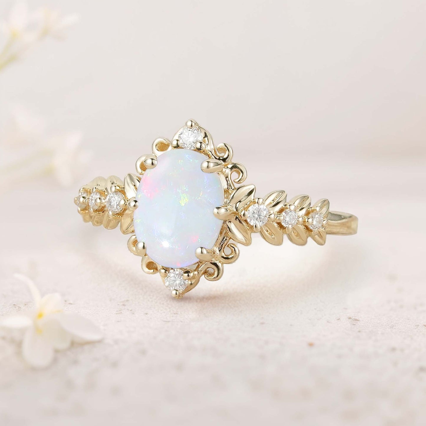Unique Elegant Royal Oval Lab Opal Filigree Leaf Engagement Ring