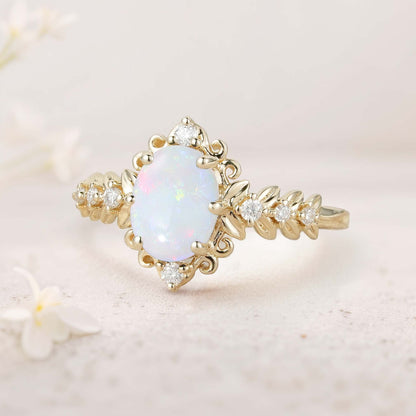 Unique Elegant Royal Oval Lab Opal Filigree Leaf Engagement Ring