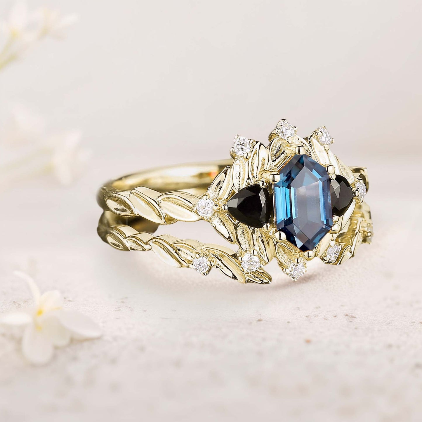 Unique floral engagement rings Long Hexagon Topaz Leaf Engagement Ring Wedding Ring Set