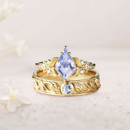 Unique Kite Lab Sapphire Promise Engagement Ring Wedding  Ring Set For Couples