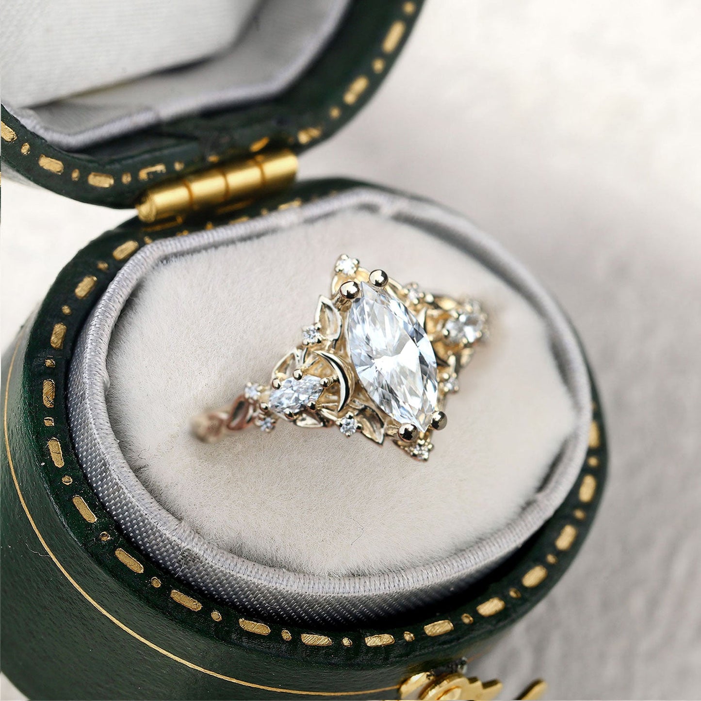 Unique floral engagement rings Moon Marquise Moissanite Engagement Ring