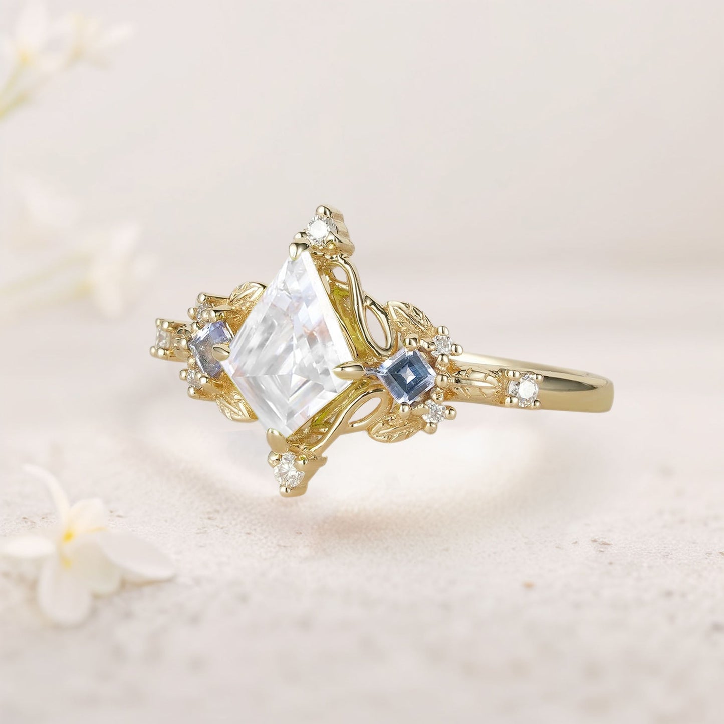 Unique Kite Three Stone Moissanite Leaf Ring