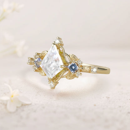 Unique Kite Three Stone Moissanite Leaf Ring