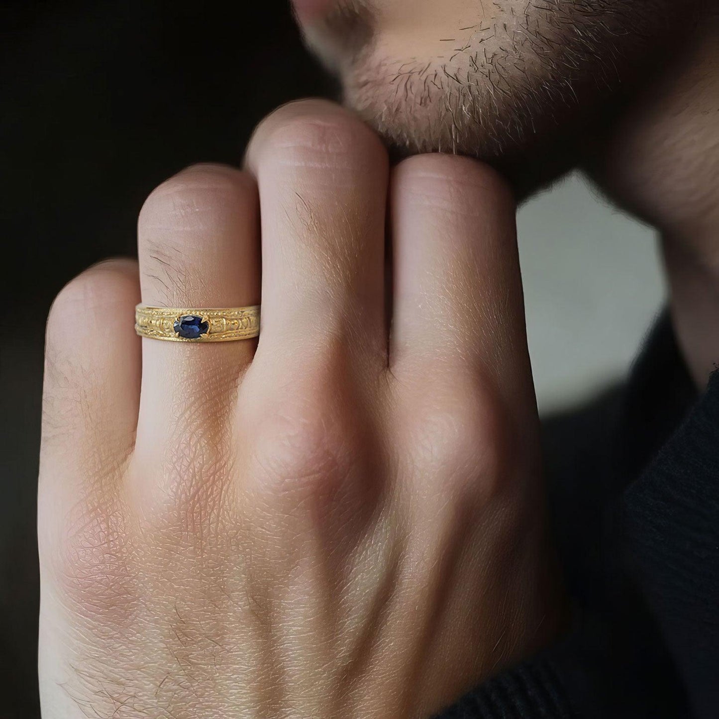 Unique Pharaohs Oval Lab Sapphire Ring Band For Men